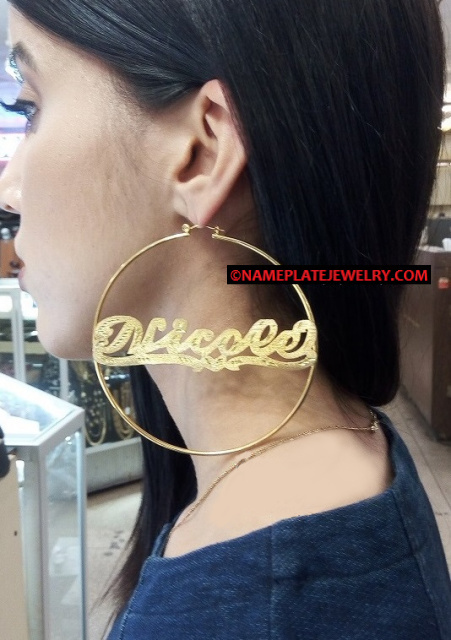 14k Gold Overlay 4 inch BIG Super Size Round Hoops- PERSONALIZED Any Name Earrings